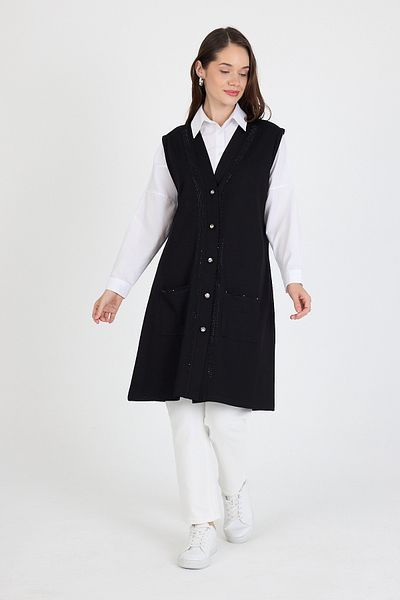 larocci Women's Standard V-Neck Stone Detailed Sleeveless Pocket Vest