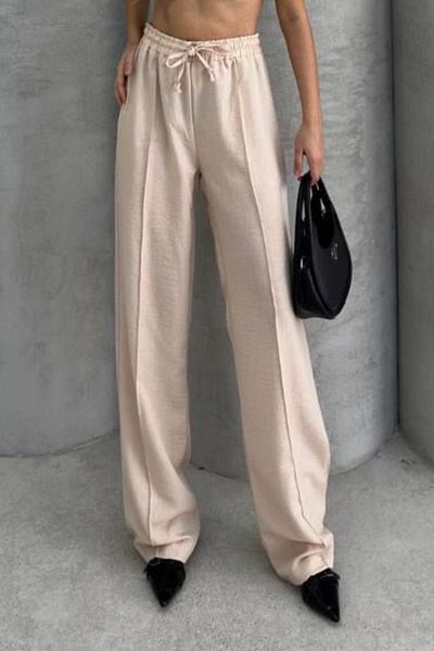 Mogi Butik Women's Tie-Up Elastic Waist Palazzo Summer Linen Trousers 3077