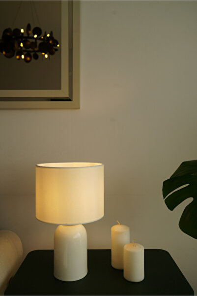 retro home design Krem Ayaklı Beyaz Kumaş Şapkalı Şık Yatak Odası Salon Abajur Özel Modern