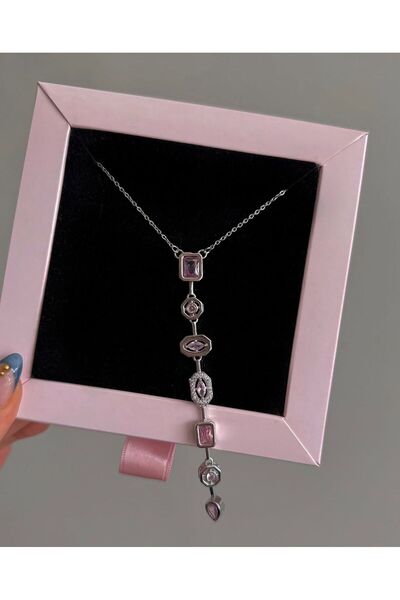 Perry Accesories 7 element çok renkli taşlı çelik y kolye kararma yapmaz çeli...