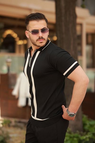 Modayakamoz Мъжка тениска с къс ръкав и цип на яка, райета