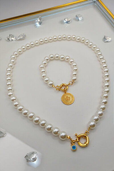 xtaki Gemici kilitli bileklik kolye set, incili 60 cm çeyrekli kolye – çeyreklik uyumlu