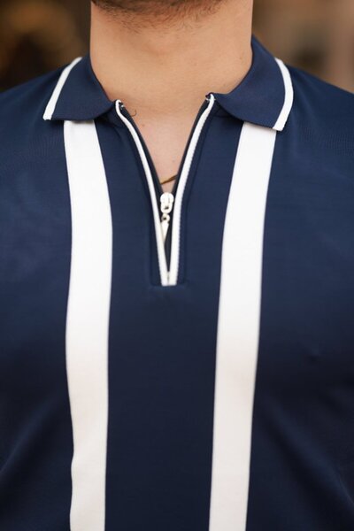 JANES Ανδρικό μπλουζάκι με κοντό μανίκι με λεπτομέρεια με ρίγες με γιακά με φερμουάρ