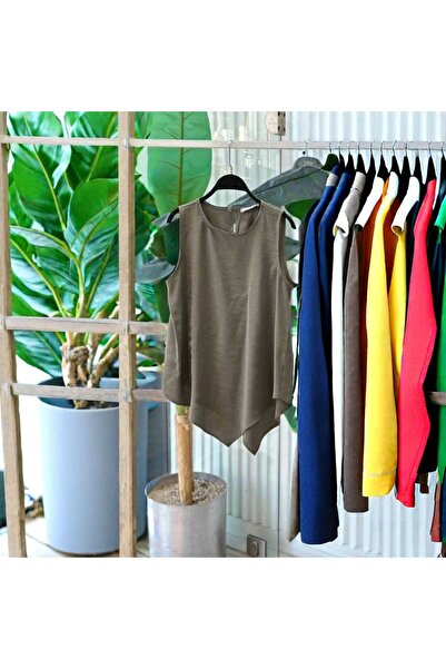 Eda Başak Atelier Crew Neck Zero Sleeve Stylish Cut Linen Blouse