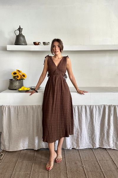 Modayakamoz Muslin dress with shoulder detail v neck sleeveless dress - brown