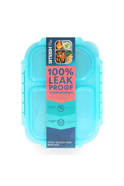 Generic smash 4-Compartment Leak Proof Microwave Safe Stainless Steel Bento Box Aqua and Silver 850ml 11243