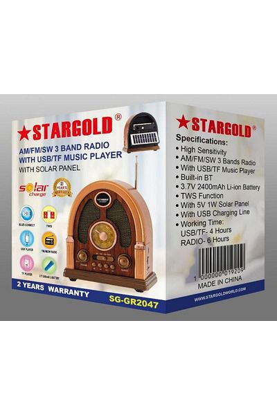 Generic STARGOLD 3-Band Radio with USB/TF Music Player, Bluetooth & Solar Panel – Retro Style