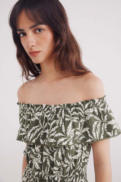 Springfield print midi dress with ruffle neckline
