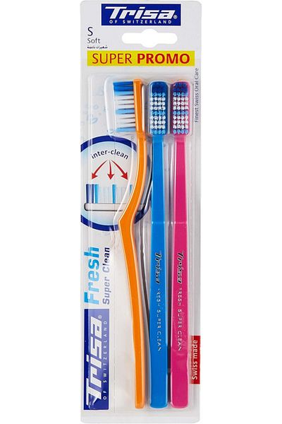 Trisa Fresh Super Clean Toothbrush Soft Adult 3pcs Travel Cap Swiss Oral Care Rounded Tips