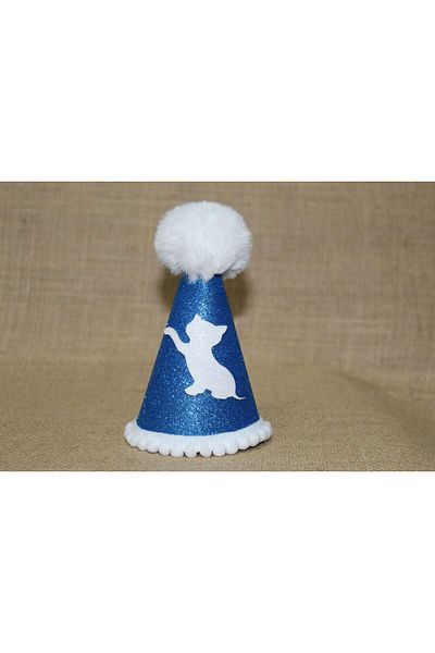 asöy Cat Birthday Party Hat Cat Party Blue Eva Elastic Hat Diameter 7.5 Size 13 cm with White Pompon
