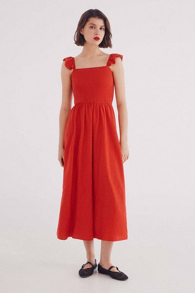 Springfield linen midi dress with straps and ruffle