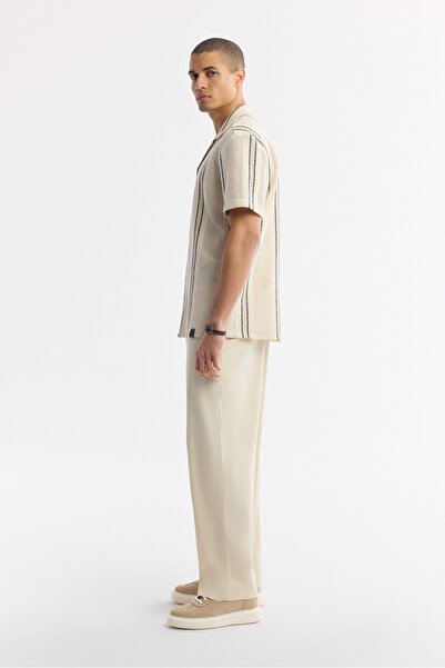 Avva Мъжка бежова риза с ленен яка и раирани ръкави A51Y2071