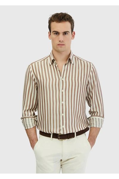 Ramsey Καφέ ριγέ Casual Fit υφαντό πουκάμισο casual