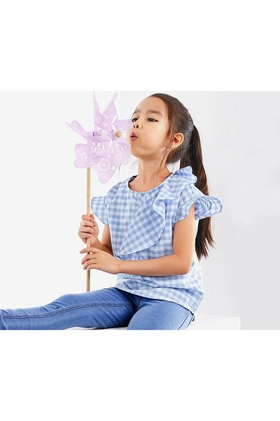 Tchibo Kids Girls Vichy Blouse, Light Blue and White