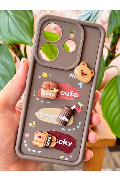 Fibaks Xiaomi Redmi Note 14 4G Kılıf Tasarımlı Desenli Kamera Korumalı Ayıcık Kahve Yumuşak Silikon Kapak