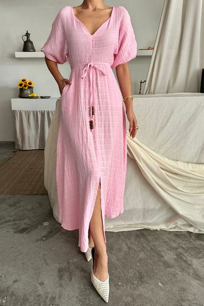 MRA Fashion V-Necklace Waist Bead Tie Muslin Dress with Slit Detail - Pink