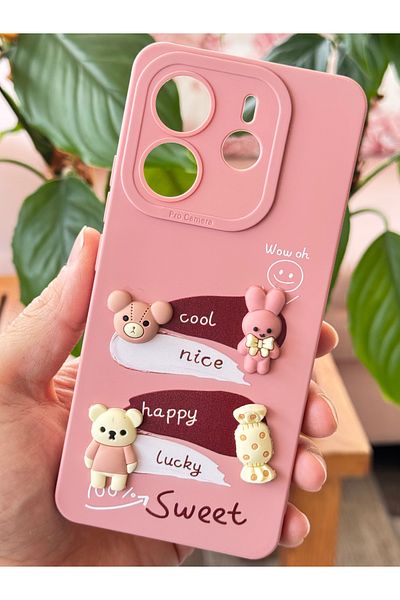 Fibaks حافظة هاتف Xiaomi Redmi Note 14 4G غطاء سيليكون ناعم وردي مع حماية للكاميرا على شكل أرنب