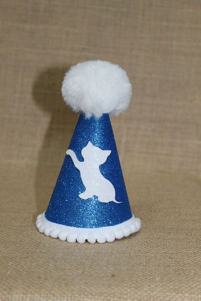 asöy Cat Birthday Party Hat Cat Party Blue Eva Elastic Hat Diameter 7.5 Size 13 cm with White Pompon