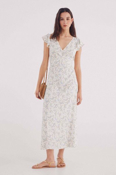 Springfield print midi dress with gathered neckline