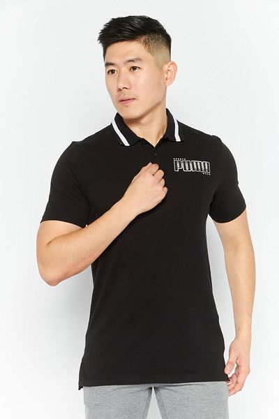 Puma Men Sport Fit Brand Logo Short Sleeves Polo, Black