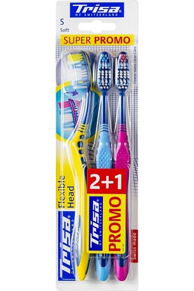 Trisa Trisa Flexhead Soft Toothbrush 2+1 Promo Adult Flexible Head Swiss Oral Care Assorted Color