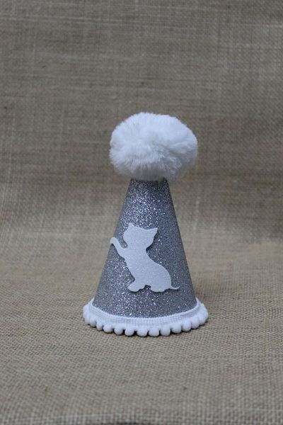 asöy Cat Birthday Party Hat Cat Party Silver Eva Elastic Hat Diameter 7.5 Size 13 cm White Pom Pom