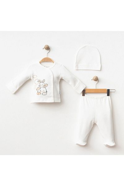 Gümüş Baby Kids Baby 3-Piece Set with Self-Gloves Rabbit Printed 100% Cotton Fabric