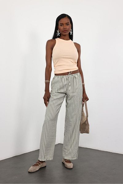 5in1Canpolat Khaki Elastic Waist Striped Trousers