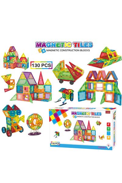VisionHub Construction Set, Magnetic Tiles 3d, 130 Colorful Pieces, Creative and Educational Toy STEM
