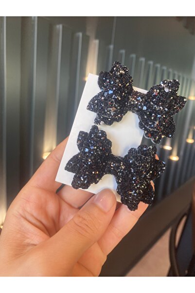 Little Sparkle Co. Siyah Glitter Simli Mini Fiyonk Toka Seti 2’li