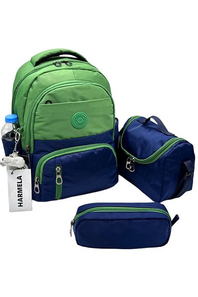 Harmela First School Bag Set of 3 Unisex Children's Primary School Bag Hrm-8010 Green-Navy Blue