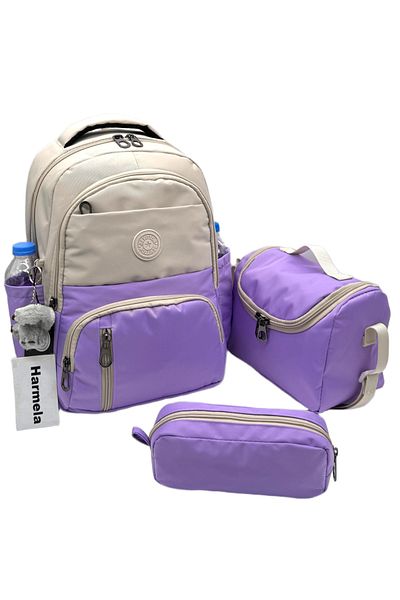Harmela First School Bag Set of 3 Unisex Children's Primary School Bag Hrm-8010 Beige-Lilac