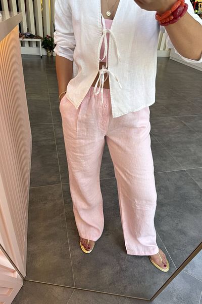 Bucle By Gizem 100% Raw Linen Elastic Waist Trousers Pink