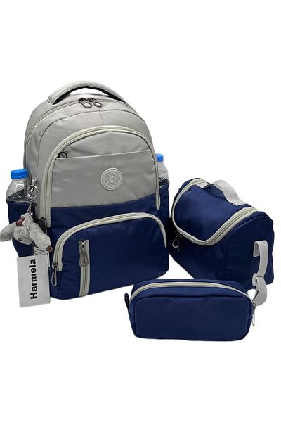 Harmela First School Bag Set of 3 Unisex Children's Primary School Bag Hrm-8010 Gray-Navy Blue
