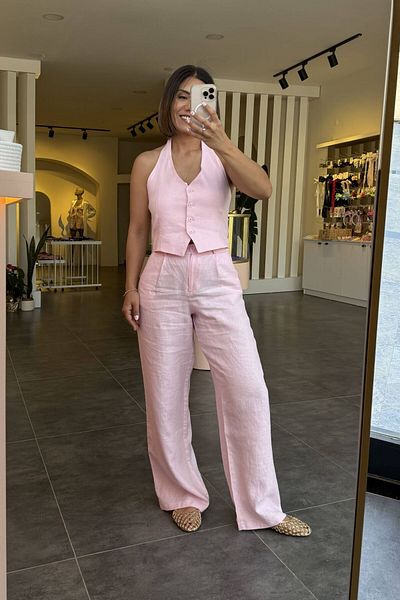 Bucle By Gizem 100% Raw Linen Halter Vest Pink
