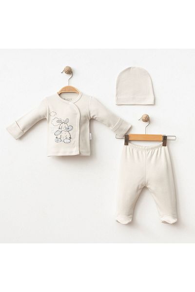 Gümüş Baby Kids Baby 3-Piece Set with Self-Gloves Rabbit Printed 100% Cotton Fabric