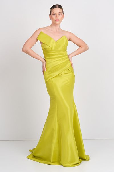 ŞEREF VURAL Şeref Vural Women's Asymmetrical Collar Fish Form Evening Dress 8246 Lemon
