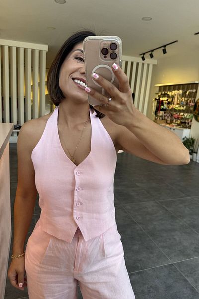 Bucle By Gizem 100% Raw Linen Halter Vest Pink