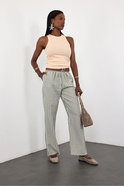 5in1Canpolat Khaki Elastic Waist Striped Trousers