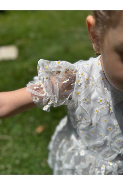 Minizade Girl Child Baby Short Sleeve Daisy Floral Tulle Birthday Wedding Party Special Occasion Eid Dress