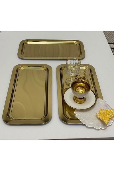 SEVA ÇELİK 3 Pcs Gold Color Large Rectangular Model Steel Service and Presentation Tray 17*33 cm