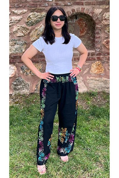Sobe Hediyelik Colorful Floral Printed Wide Leg Casual Pants – Summer Lightweight Fabric