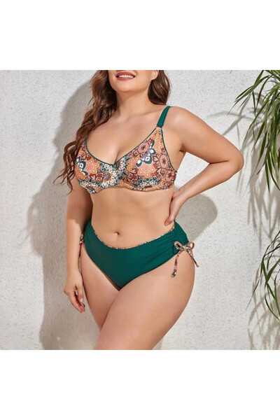 hazelin Women's Emerald Green Ethnic Pattern Large Size Bikini Suit Hzl25S-Lc3310