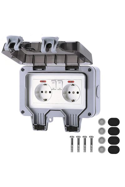 WHITE Double socket, waterproof IP66, with protective cover, installation accessories, white/grey