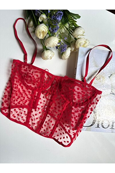 Genel Markalar Kırmızı Puantiye Desenli Tül, Siyah, Arkası ipli Büstiyer Korse