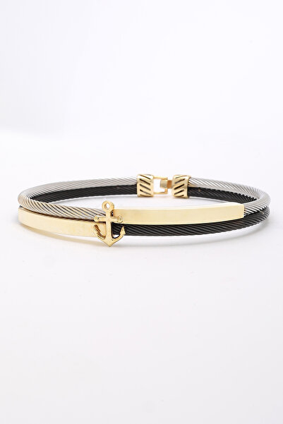 DMSLVR Erkek Siyah Kordonlu Altın Kaplama Çapa Detaylı Bileklik – Kişiye Özel...
