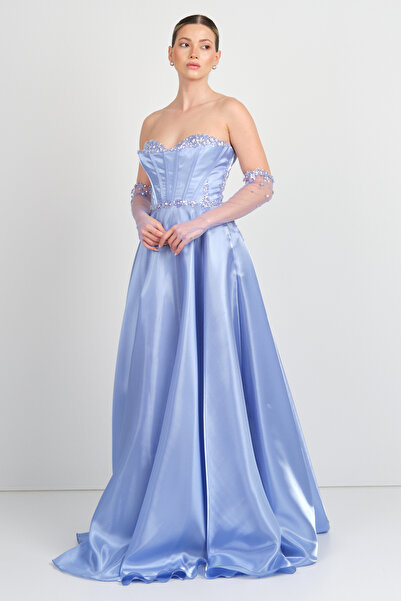 ÖMÜR INN Ömür Inn Kadın Straplez Taş İşlemeli Uzun Abiye Elbise 0396 Kraliyet...