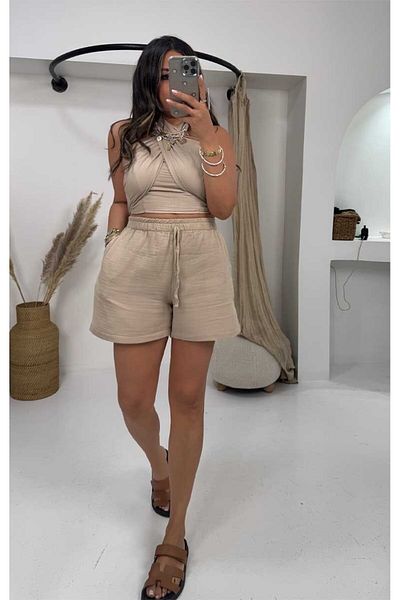 Sohotique By P Muslin Cross Tie Cropped Shorts Set Beige