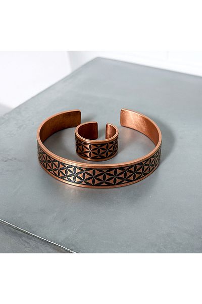 materialist Unisex Copper Bracelet & Ring Set – Flower of Life Motif |   Energy Balancer & Copper Jewelry Set