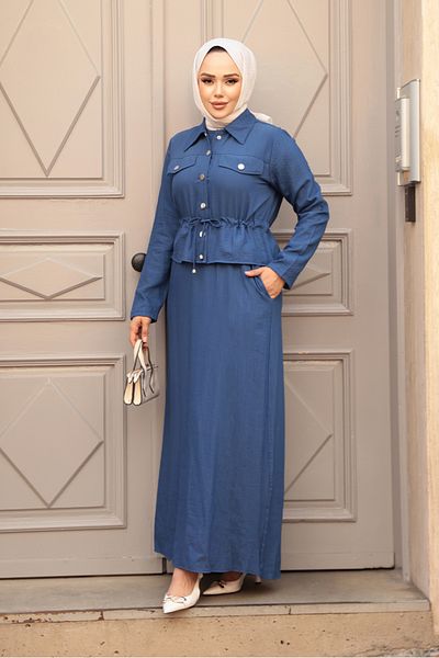 N.S NEVA STYLE Indigo Blue Hijab Dress with Jacket Double Set 44651Im